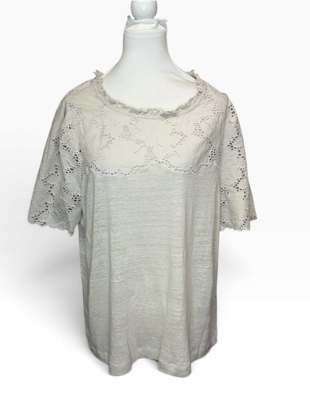 Chico’s Eyelet Lace Yoke Short Sleeve Blouse